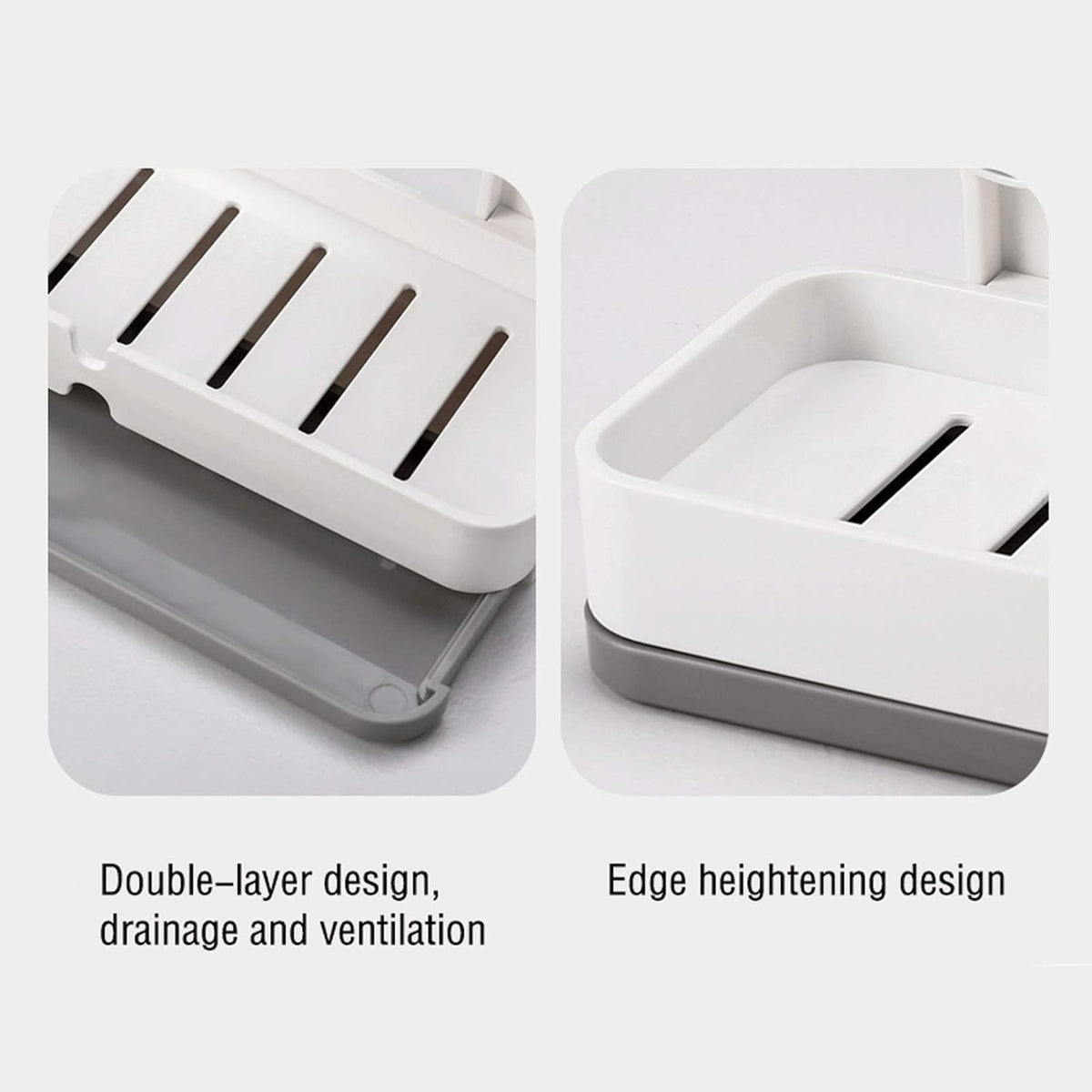 HUPLA Wall Mounted Soap Holder with Drainage | Double Mount No-Drill Style Soap Dish, Bathroom Soap Tray & Space Saving Soap Organizer | White & Grey – 1 Piece