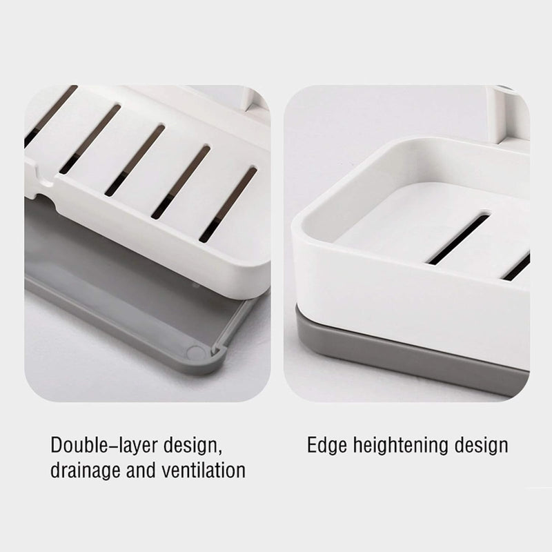 HUPLA Wall Mounted Soap Holder with Drainage | Double Mount No-Drill Style Soap Dish, Bathroom Soap Tray & Space Saving Soap Organizer | White & Grey – 1 Piece