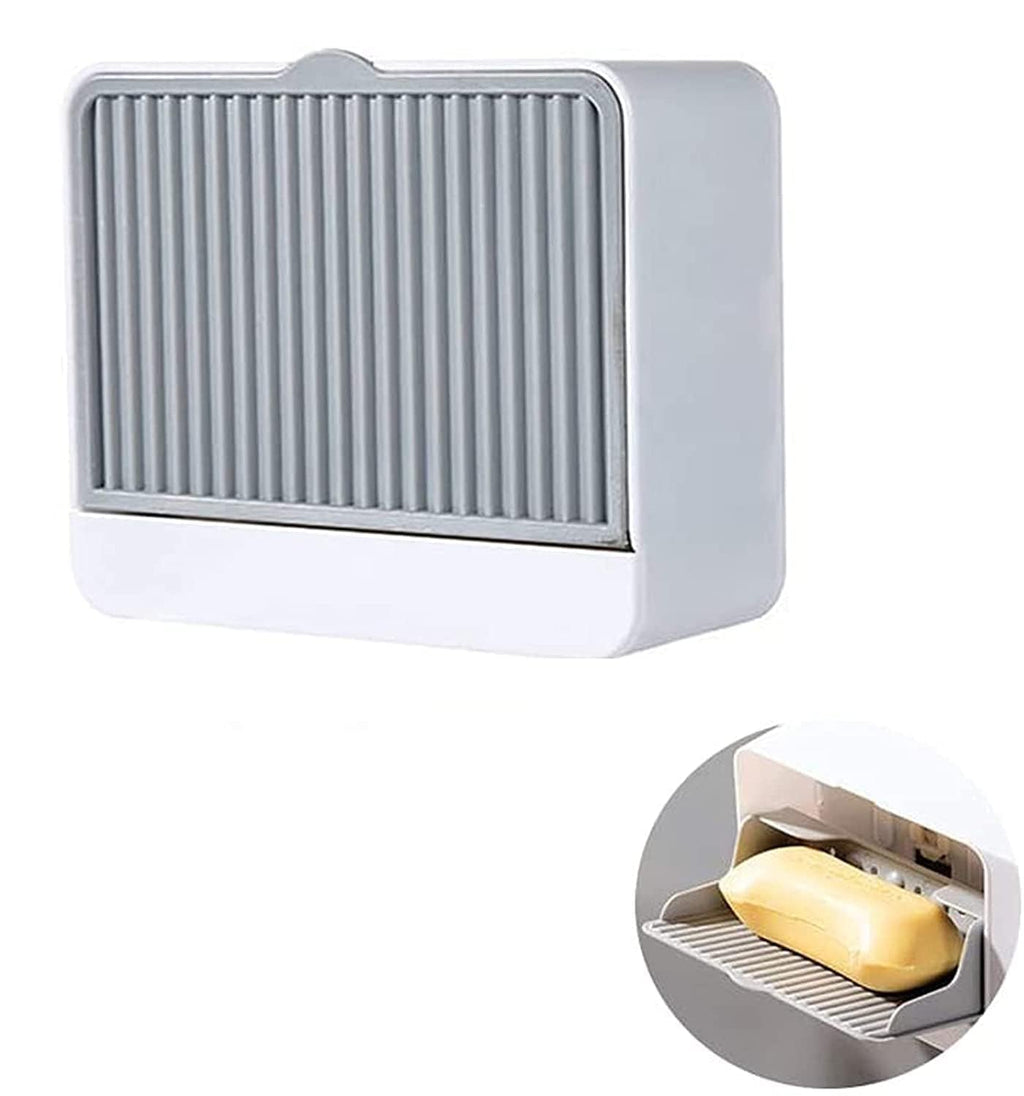 HUPLA Wall Mounted Soap Holder with Drainage | Self-Adhesive Bathroom Soap Storage Box with Sliding Cover | Space Saving Soap Dish Organizer – White