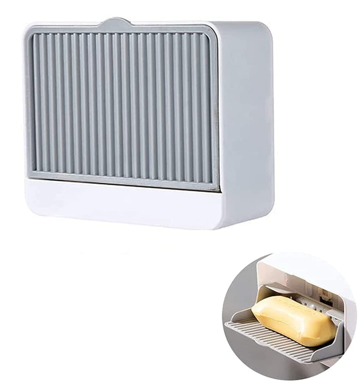 HUPLA Wall Mounted Soap Holder with Drainage | Self-Adhesive Bathroom Soap Storage Box with Sliding Cover | Space Saving Soap Dish Organizer – White