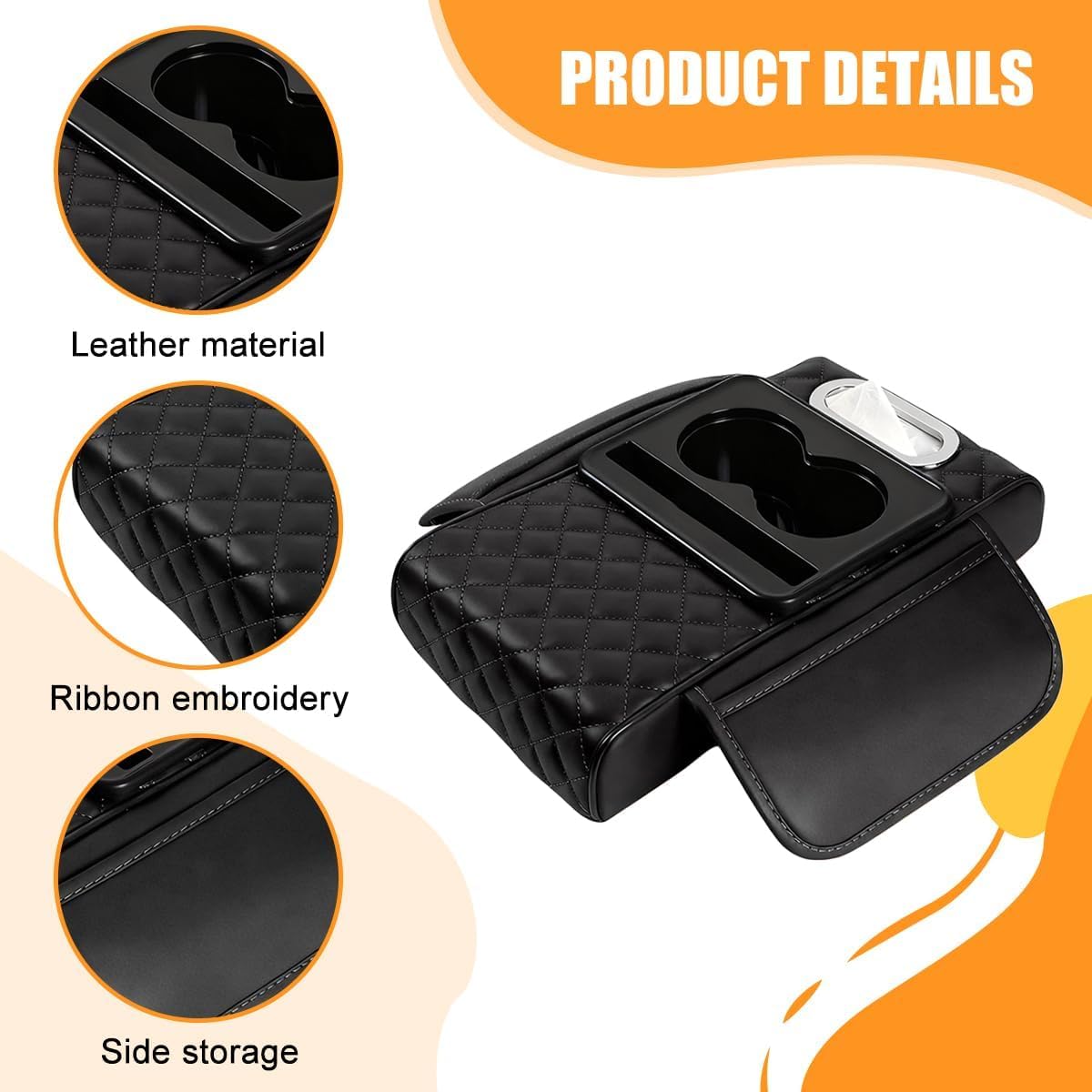 HUPLA Car Seat Organizer with Cup Holder & Tissue Box | PU Leather Back Seat Organizer | Foldable Car Armrest Console | Storage Tray for Car Interior (Black)HUPLA Car Seat Organizer with Cup Holder & Tissue Holder | Premium PU Leather