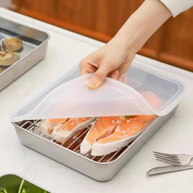 HUPLA Rectangular Stainless Steel Food Storage Container with Transparent Lid | Reusable Kitchen Storage Box for Salads, Fruits, Meals & Leftovers | Multipurpose Food Container – Silver