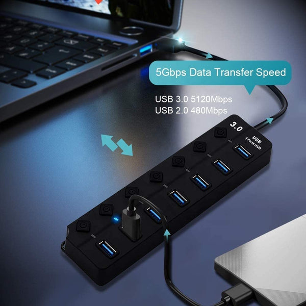 USB 3.0 7-Port Hub with Individual Power Switches & LED Indicators | High-Speed Data Transfer | Plug & Play USB Splitter for Laptop, PC, Mac, Gaming Console