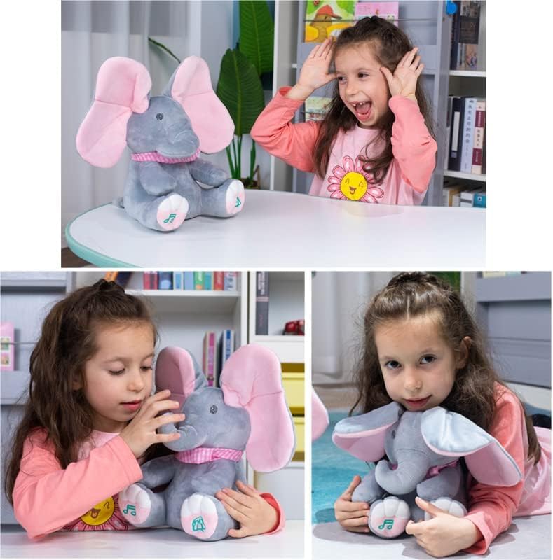 HUPLA Peek A Boo Elephant Soft Toy for Kids | Interactive Musical Plush Elephant with Moving Ears, Singing & Peekaboo Action | Battery Operated Baby Toy – Grey & Pink