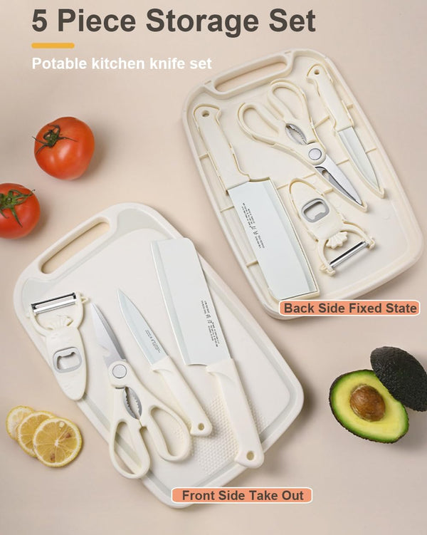 HUPLA 5-in-1 Kitchen Knife & Cutting Board Set with Scissors & Peeler | Multipurpose Cooking Tool Kit with Stainless Steel Knife, Cleaver, Kitchen Scissors, Peeler & Storage Board
