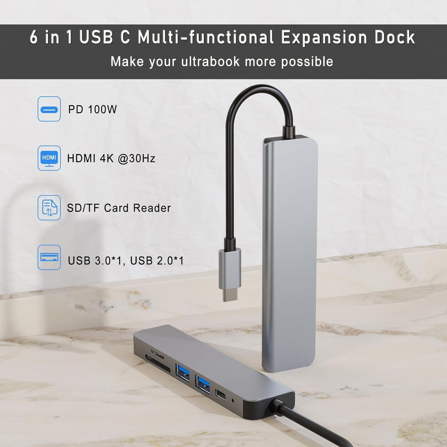 7-in-1 USB-C Hub | 4K HDMI | 100W PD Charging | 2 x USB 3.0 | SD/TF Card Reader | Aluminum Multiport Dock for Laptop, MacBook, Tablet & Mobile