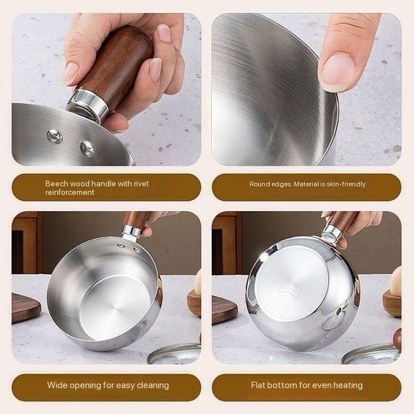 HUPLA Stainless Steel Mini Frying Pan with Wooden Handle | Deep Round Cooking Pan for Frying, Sautéing & Small Portion Cooking | Compact Kitchen Cookware – Silver