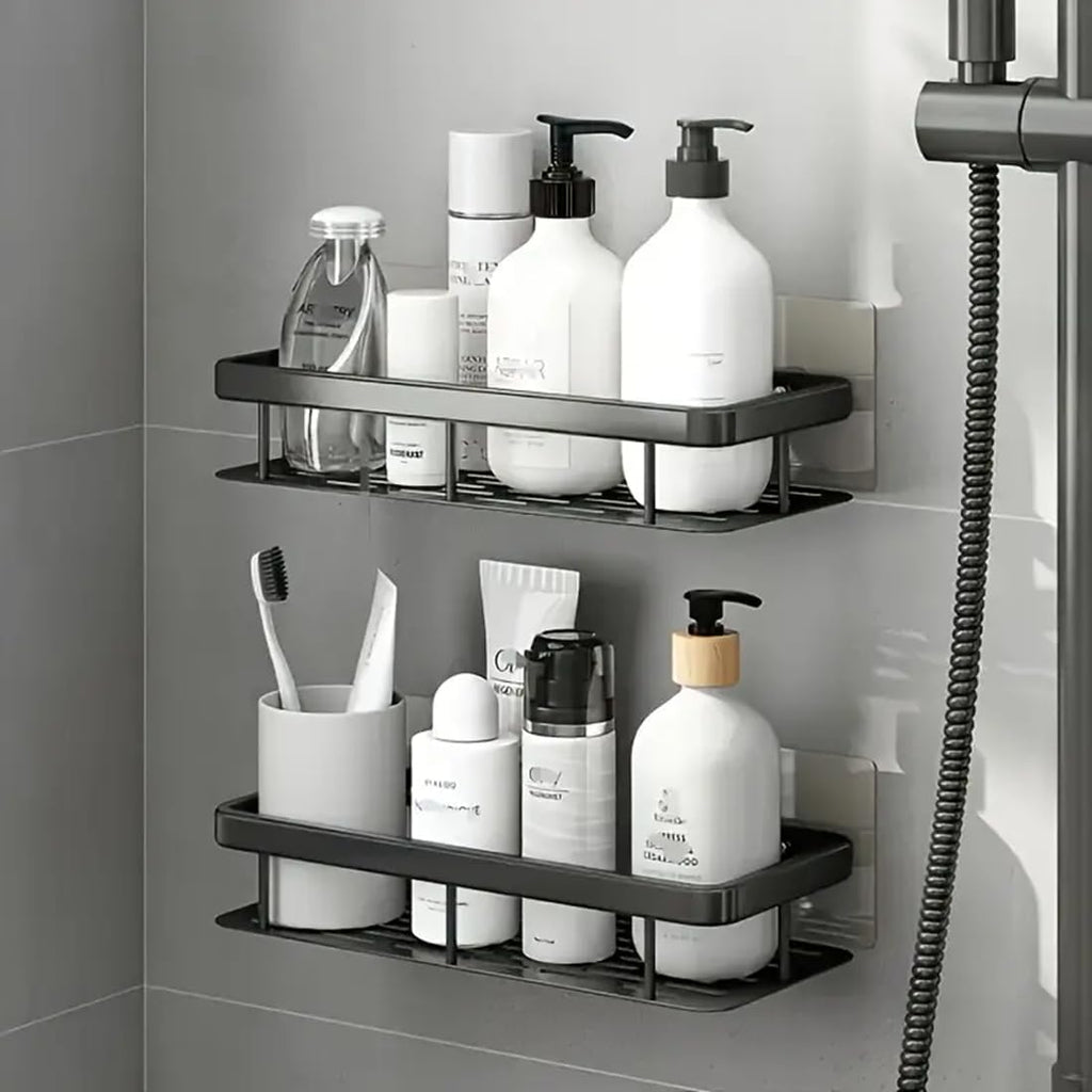 HUPLA Wall Mounted Bathroom Storage Shelf | Self-Adhesive No-Drill Bathroom Organizer Rack with Drainage | Shampoo, Soap & Toiletry Storage Shelf – Black