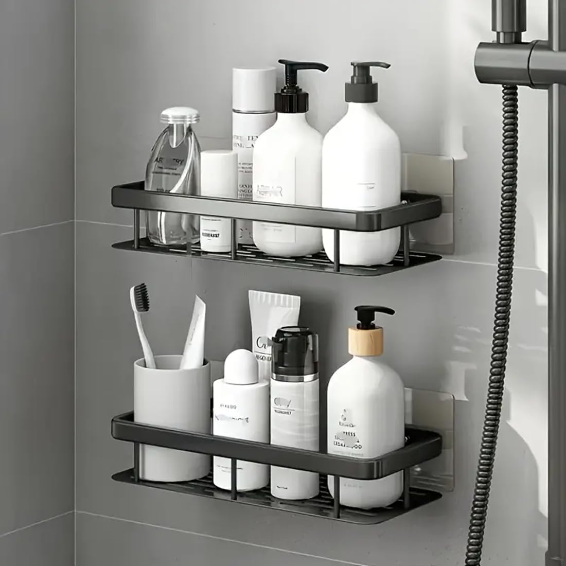 HUPLA Wall Mounted Bathroom Storage Shelf | Self-Adhesive No-Drill Bathroom Organizer Rack with Drainage | Shampoo, Soap & Toiletry Storage Shelf – Black