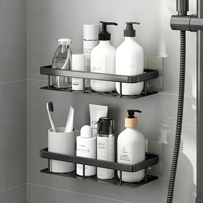 HUPLA Wall Mounted Bathroom Storage Shelf | Self-Adhesive No-Drill Bathroom Organizer Rack with Drainage | Shampoo, Soap & Toiletry Storage Shelf – Black
