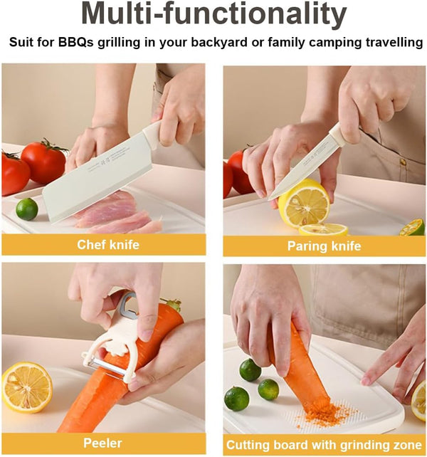 HUPLA 5-in-1 Kitchen Knife & Cutting Board Set with Scissors & Peeler | Multipurpose Cooking Tool Kit with Stainless Steel Knife, Cleaver, Kitchen Scissors, Peeler & Storage Board