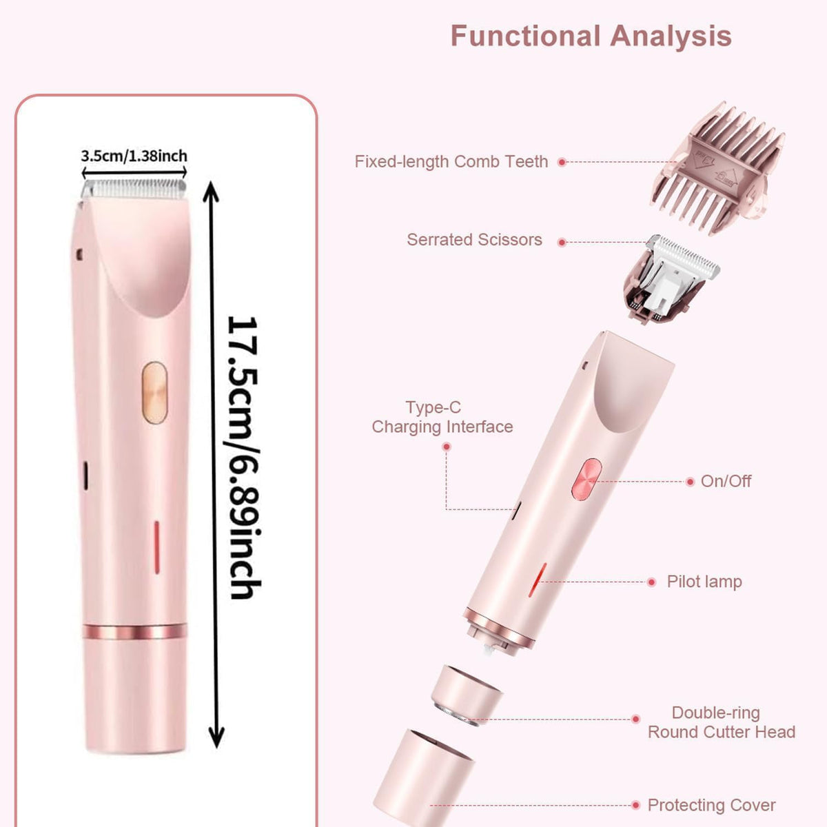 HUPLA 2-in-1 Rechargeable Women's Electric Shaver & Hair Trimmer | Dual-Head Body Hair Remover with Type-C Charging for Arms, Legs & Body Grooming – Rose Gold