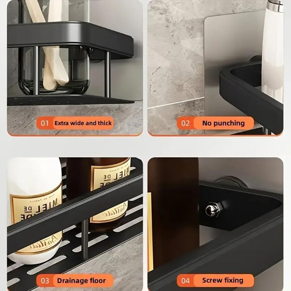 HUPLA Wall Mounted Bathroom Storage Shelf | Self-Adhesive No-Drill Bathroom Organizer Rack with Drainage | Shampoo, Soap & Toiletry Storage Shelf – Black