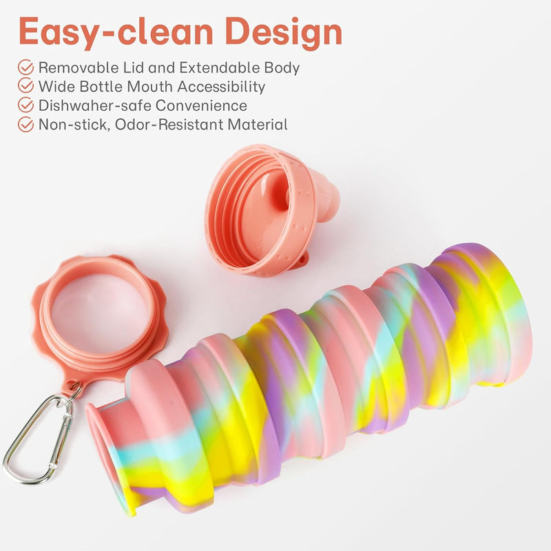 HUPLA Rainbow Collapsible Silicone Water Bottle for Kids | Foldable Reusable Drinking Bottle with Straw Lid & Carrying Clip | Portable Water Bottle for School, Travel & Outdoor Activities – Multicolour