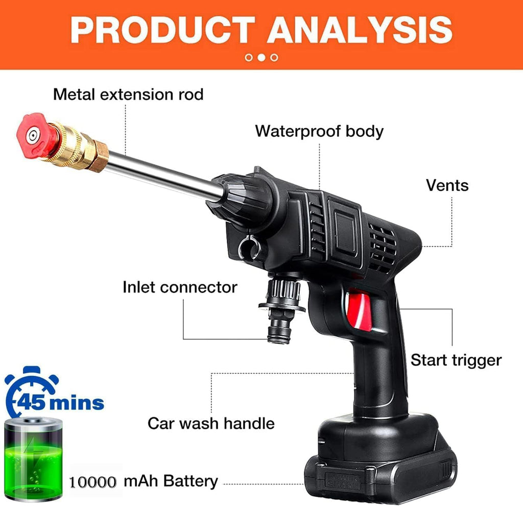 HUPLA Cordless Car Pressure Washer | Rechargeable Portable Water Spray Gun with Extension Rod for Car, Bike & Home Cleaning
