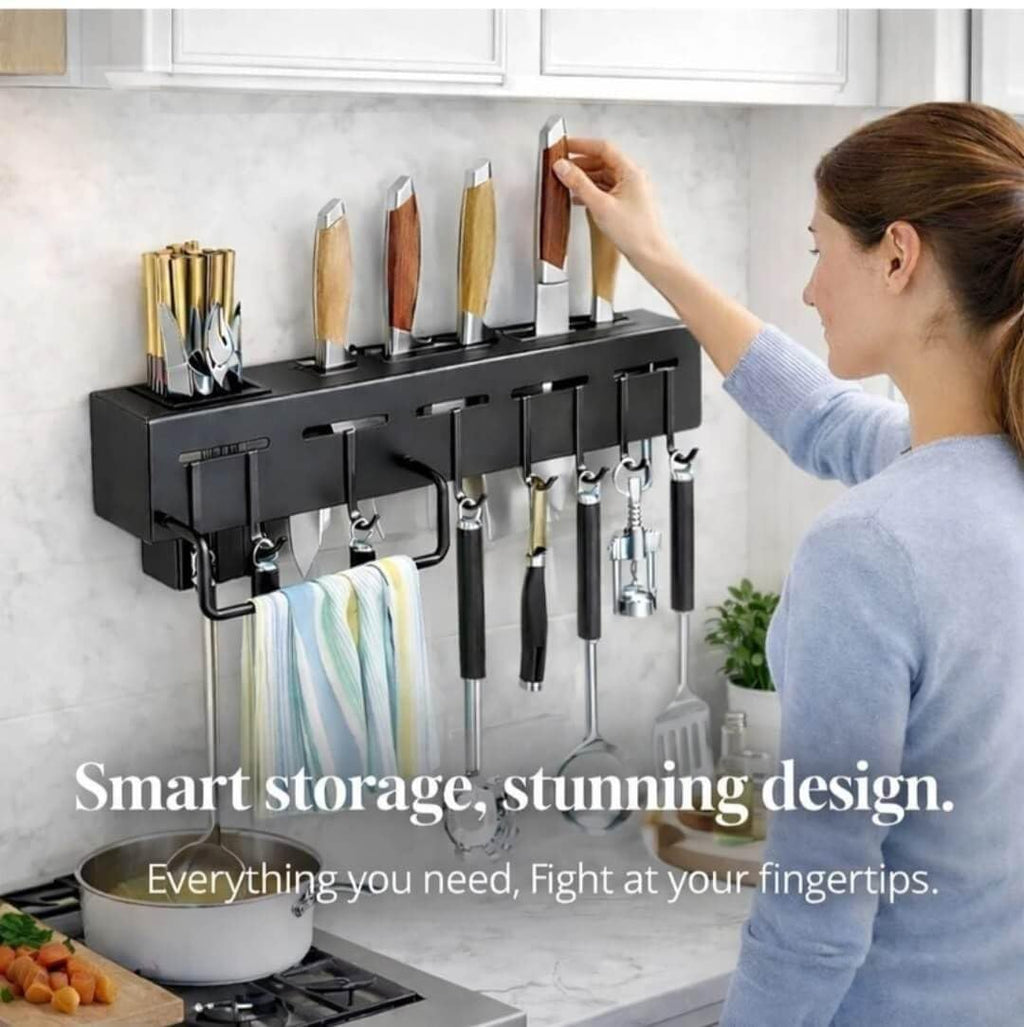 HUPLA Multifunctional Wall Mounted Kitchen Organizer Rack | Knife Holder, Utensil Storage, Hanging Hooks & Towel Bar | Space Saving Kitchen Storage Rack – Black
