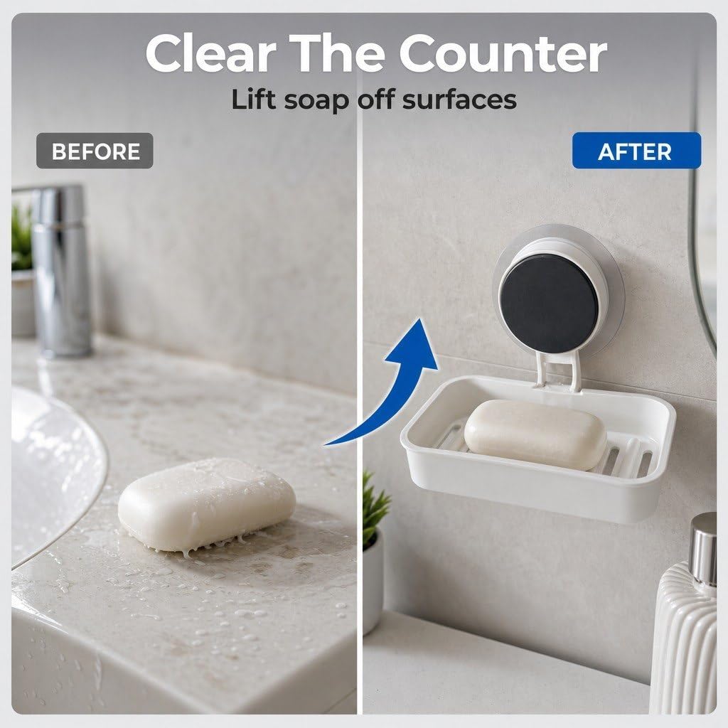 HUPLA Wall Mounted Soap Holder with Suction Cup | No-Drill Bathroom Soap Dish with Raised Drainage Base | White – 1 Piece