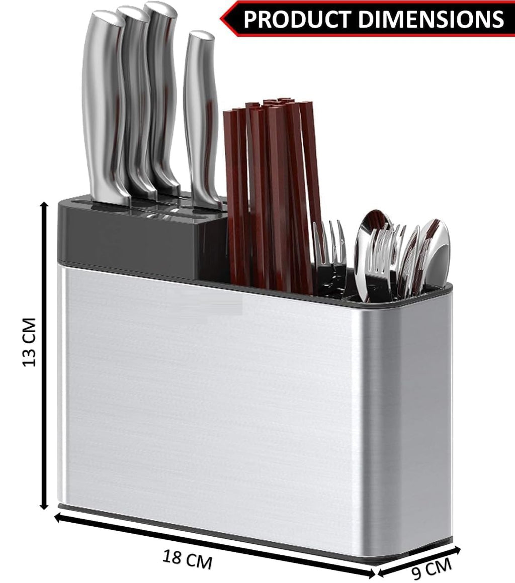 HUPLA Multipurpose Kitchen Knife & Cutlery Organizer Stand | Countertop Storage Holder for Knives, Spoons, Forks & Chopsticks | Multi-Compartment Kitchen Utensil Rack – Silver & Black