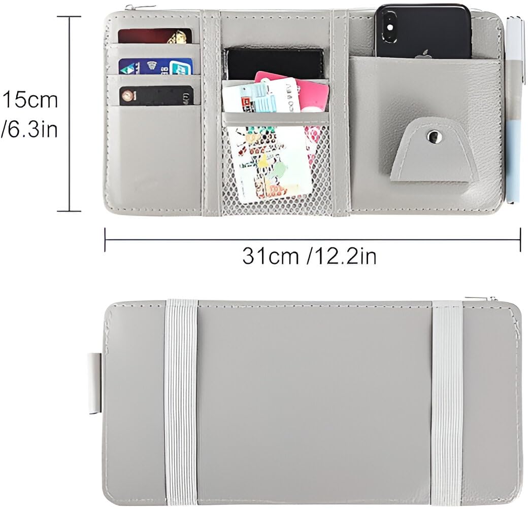 HUPLA Premium Car Sun Visor Organizer | PU Leather Auto Document Holder | Multi-Pocket Car Storage Organizer for Cards, Phone, Glasses, Pen & Documents | Universal Car Interior Accessory | Beige HUPLA Premium Car Sun Visor Organizer
