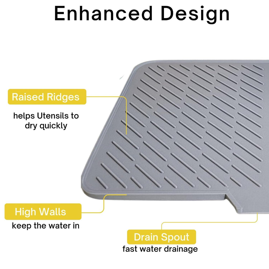 HUPLA Kitchen Sink Draining Mat with Water Drain Spout | Large Dish Drying Mat for Plates, Cups, Glasses & Utensils | Countertop Water Drainage Mat – Grey
