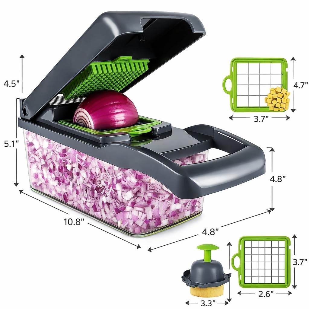 HUPLA 16-in-1 Multifunction Vegetable Chopper & Slicer with Container | Manual Veggie Cutter, Dicer, Grater, Julienne Slicer & Peeler | Kitchen Food Preparation Tool – Black & Green