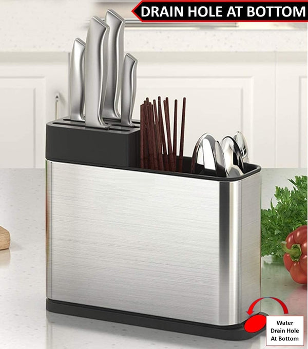 HUPLA Multipurpose Kitchen Knife & Cutlery Organizer Stand | Countertop Storage Holder for Knives, Spoons, Forks & Chopsticks | Multi-Compartment Kitchen Utensil Rack – Silver & Black