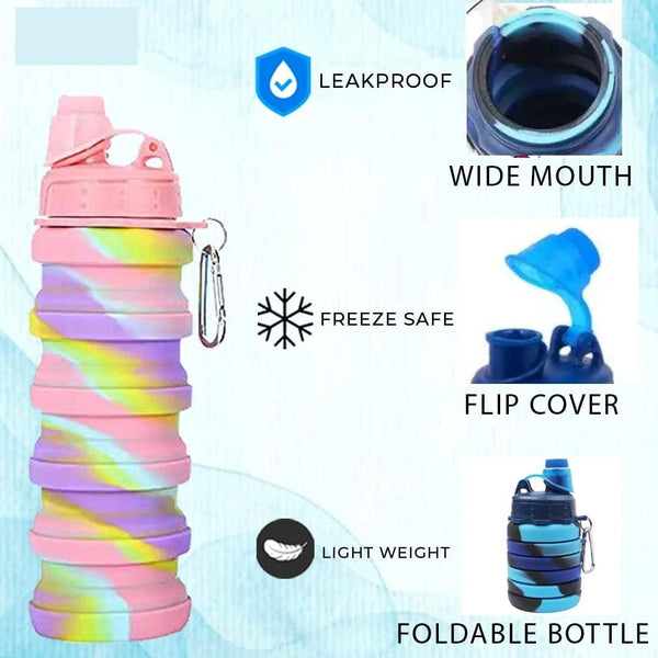 HUPLA Rainbow Collapsible Silicone Water Bottle for Kids | Foldable Reusable Drinking Bottle with Straw Lid & Carrying Clip | Portable Water Bottle for School, Travel & Outdoor Activities – Multicolour