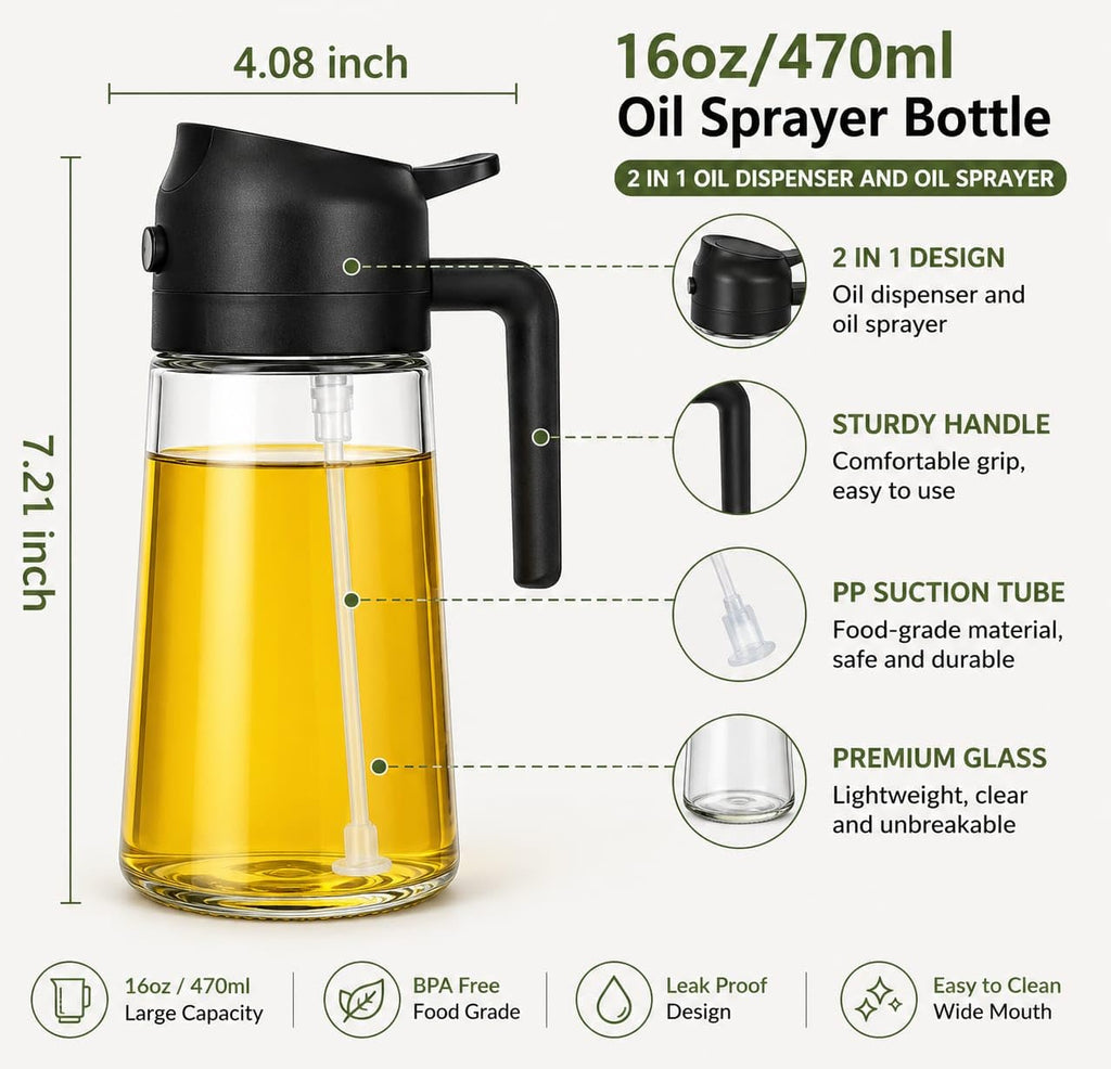 HUPLA 2-in-1 Cooking Oil Sprayer & Dispenser Bottle | Fine Mist Spray & Controlled Pour Oil Container for Air Fryer, Cooking, BBQ & Salad – Green