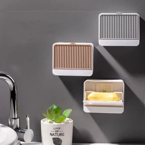 HUPLA Wall Mounted Soap Holder with Drainage | Self-Adhesive Bathroom Soap Storage Box with Sliding Cover | Space Saving Soap Dish Organizer – White