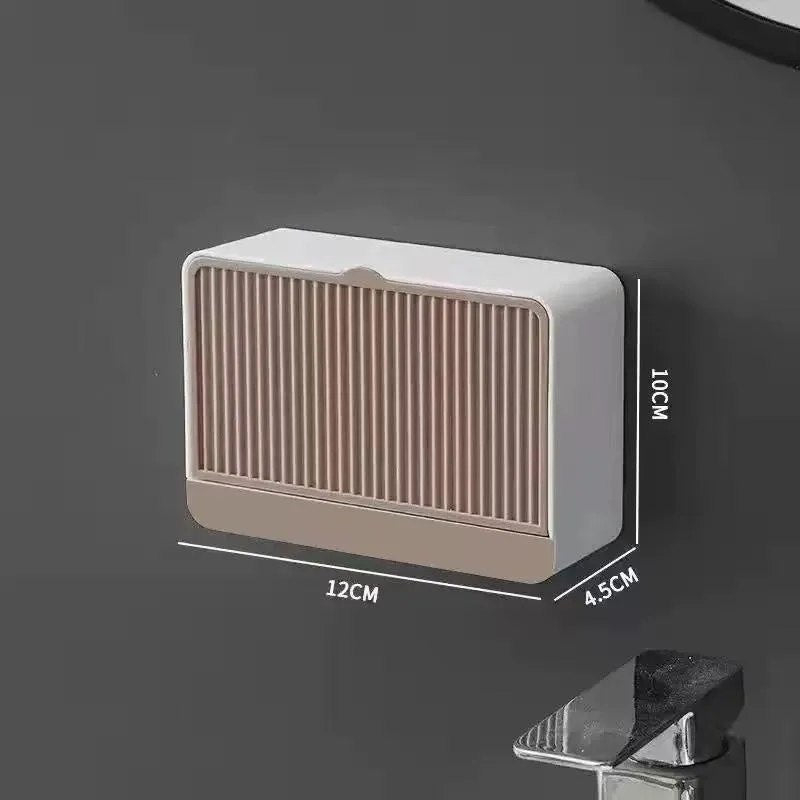 HUPLA Wall Mounted Soap Holder with Drainage | Self-Adhesive Bathroom Soap Storage Box with Sliding Cover | Space Saving Soap Dish Organizer – White