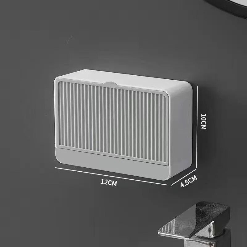 HUPLA Wall Mounted Soap Holder with Drainage | Self-Adhesive Bathroom Soap Storage Box with Sliding Cover | Space Saving Soap Dish Organizer – White
