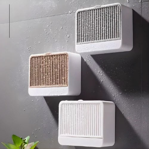 HUPLA Wall Mounted Soap Holder with Drainage | Self-Adhesive Bathroom Soap Storage Box with Sliding Cover | Space Saving Soap Dish Organizer – White
