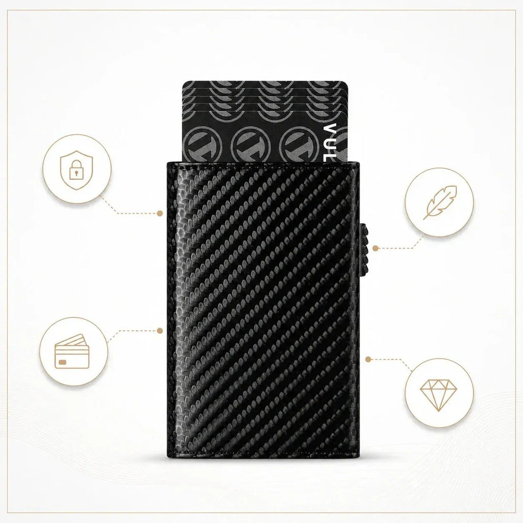HUPLA Automatic Pop-Up Card Holder for Men | Slim RFID-Style Card Wallet with Push Button | Black Carbon Fibre Pattern Card Case
