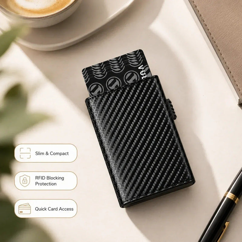 HUPLA Automatic Pop-Up Card Holder for Men | Slim RFID-Style Card Wallet with Push Button | Black Carbon Fibre Pattern Card Case