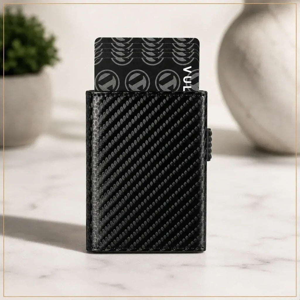 HUPLA Automatic Pop-Up Card Holder for Men | Slim RFID-Style Card Wallet with Push Button | Black Carbon Fibre Pattern Card Case