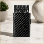 HUPLA Automatic Pop-Up Card Holder for Men | Slim RFID-Style Card Wallet with Push Button | Black Carbon Fibre Pattern Card Case
