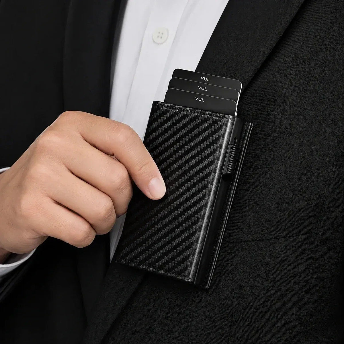 HUPLA Automatic Pop-Up Card Holder for Men | Slim RFID-Style Card Wallet with Push Button | Black Carbon Fibre Pattern Card Case