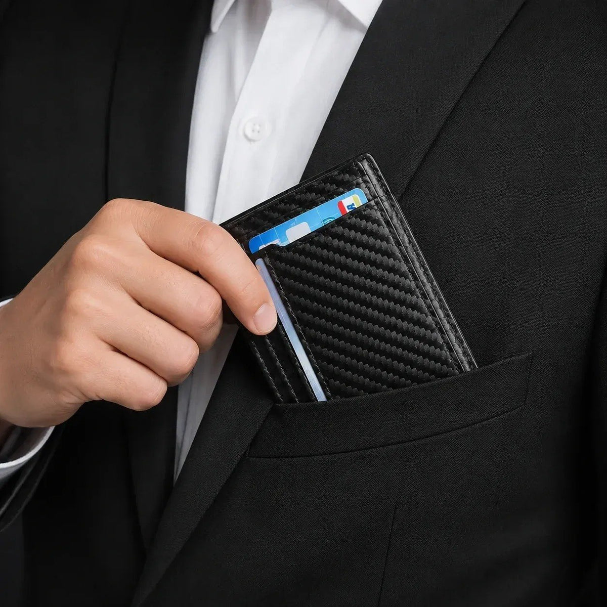 HUPLA Automatic Pop-Up Card Holder for Men | Slim RFID-Style Card Wallet with Push Button | Black Carbon Fibre Pattern Card Case