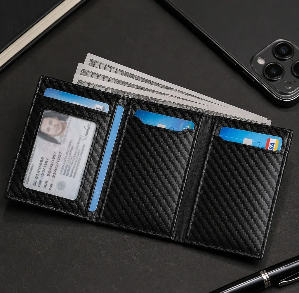 HUPLA Automatic Pop-Up Card Holder for Men | Slim RFID-Style Card Wallet with Push Button | Black Carbon Fibre Pattern Card Case