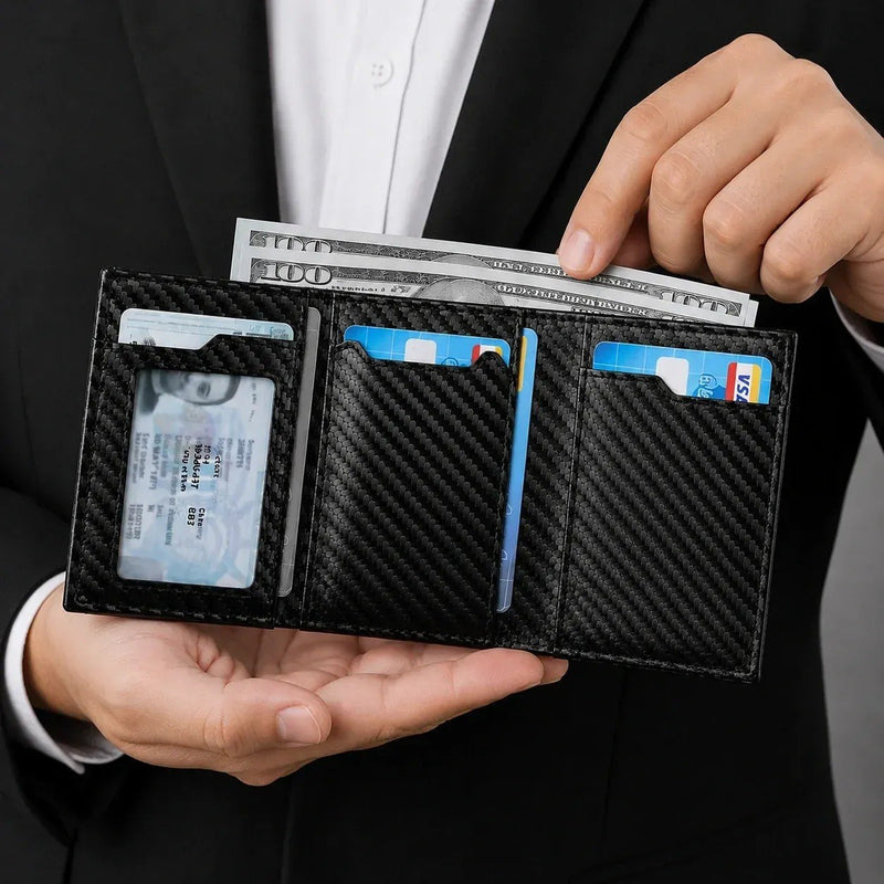 HUPLA Automatic Pop-Up Card Holder for Men | Slim RFID-Style Card Wallet with Push Button | Black Carbon Fibre Pattern Card Case