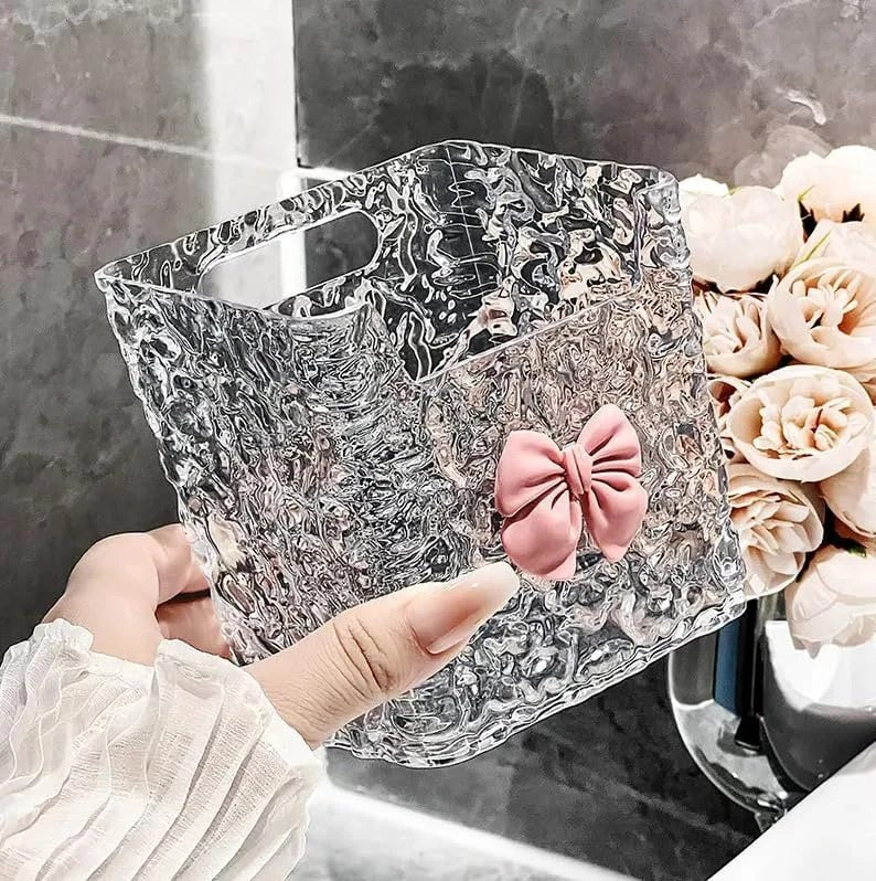 HUPLA Transparent Tissue Box Holder with Pink Bow | Crystal Look Decorative Tissue Paper Organizer with Textured Design for Living Room, Bedroom, Bathroom & Dressing Table – 1 Pc