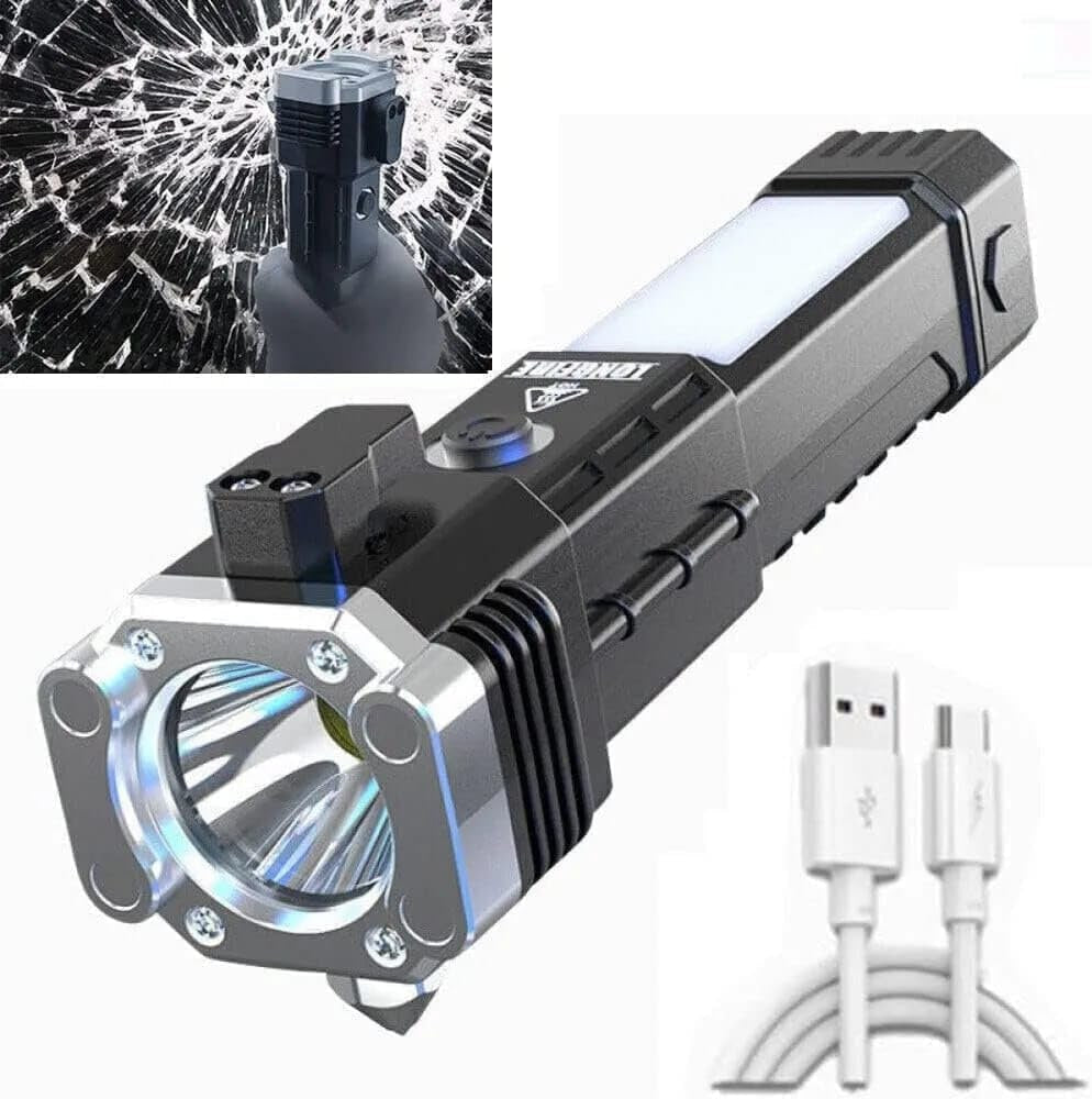 HUPLA Multi-Function Car Emergency Safety Tool | USB Rechargeable LED Light | Window Glass Breaker & Seat Belt Cutter | Vehicle Emergency Rescue Tool