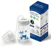 HUPLA 150ml Baby Feeding Bottle with Long Feeding Tube & Silicone-Style Nipple | Flexible Tube Milk Feeding Bottle with Deer Print for Infants – White & Blue
