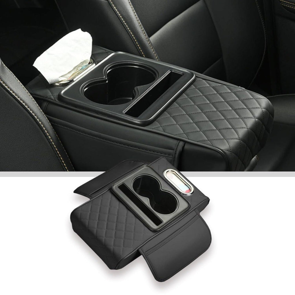 HUPLA Car Seat Organizer with Cup Holder & Tissue Box | PU Leather Back Seat Organizer | Foldable Car Armrest Console | Storage Tray for Car Interior (Black)HUPLA Car Seat Organizer with Cup Holder & Tissue Holder | Premium PU Leather