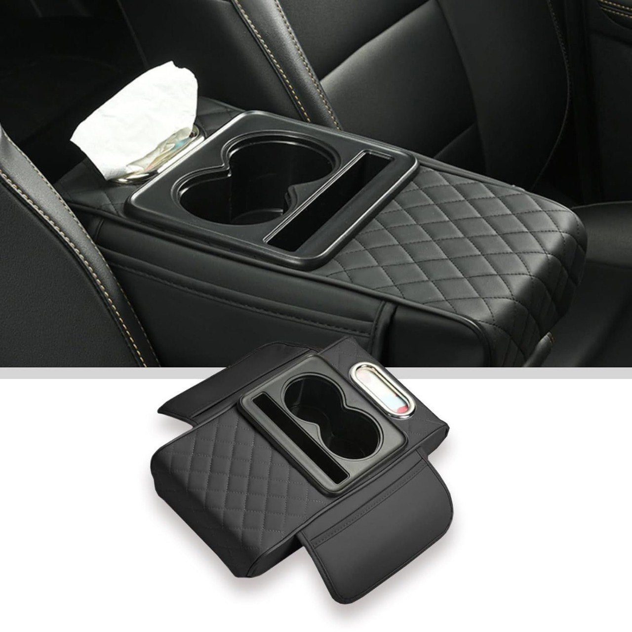 HUPLA Car Seat Organizer with Cup Holder & Tissue Box | PU Leather Back Seat Organizer | Foldable Car Armrest Console | Storage Tray for Car Interior (Black)HUPLA Car Seat Organizer with Cup Holder & Tissue Holder | Premium PU Leather
