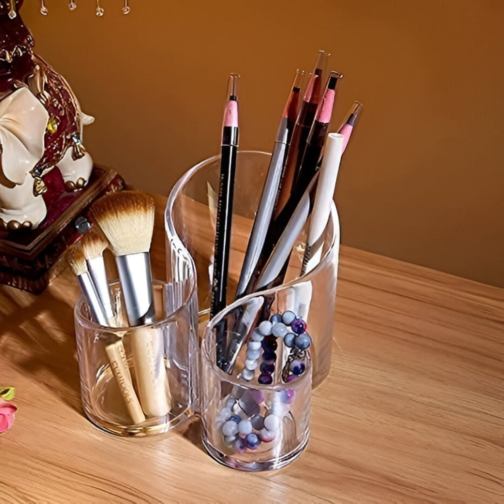 3-Compartment Transparent Cup Holder Organizer – Multi-Section Storage Stand for Kitchen, Dining Table & Home