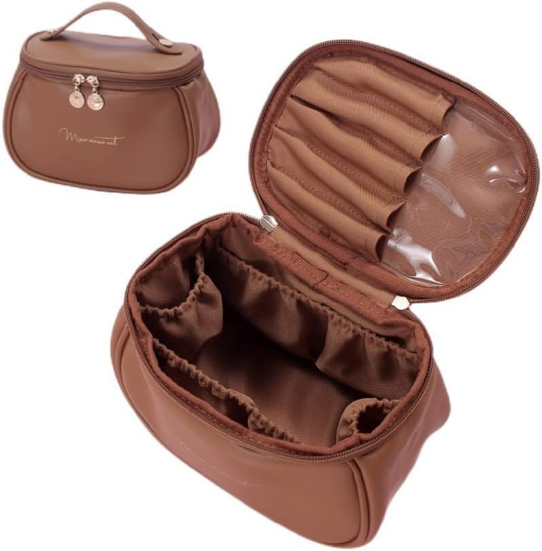 Portable Mini Makeup Organizer Pouch for Women | Large Opening Cosmetic Storage Bag with Brush Holder & Multi Compartments