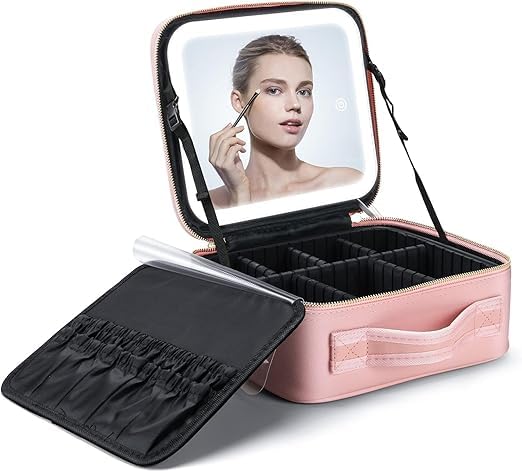 Professional Makeup Organizer Case with LED Mirror | Portable Cosmetic Storage Box with Adjustable Compartments & Brush Holder