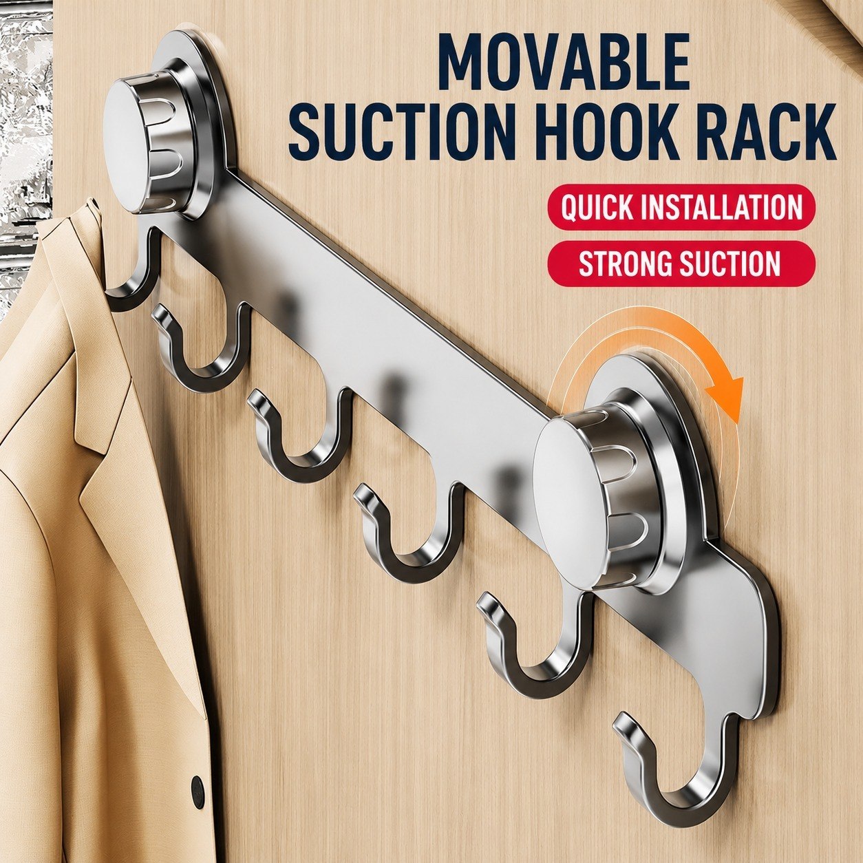 HUPLA Pack of 2 Heavy Duty Suction Hook Rack | 6 Hooks No Drill Wall Hanger| 6 Hooks Wall Mounted Organizer | No Drill Vacuum Suction Hanger for Bathroom, Kitchen, Bedroom & Office | Reusable Waterproof Stainless Steel Finish