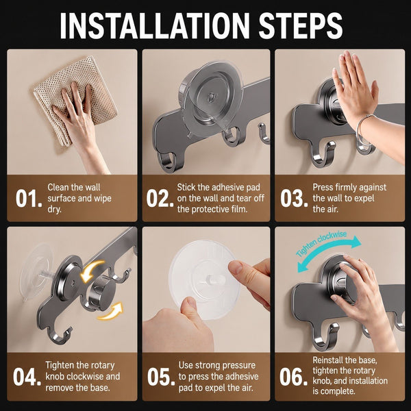 HUPLA Pack of 2 Heavy Duty Suction Hook Rack | 6 Hooks No Drill Wall Hanger| 6 Hooks Wall Mounted Organizer | No Drill Vacuum Suction Hanger for Bathroom, Kitchen, Bedroom & Office | Reusable Waterproof Stainless Steel Finish
